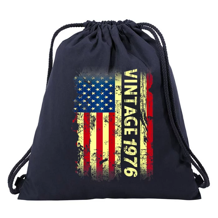 Vintage Born In 1976 Patriotic American Flag Birthday Drawstring Bag