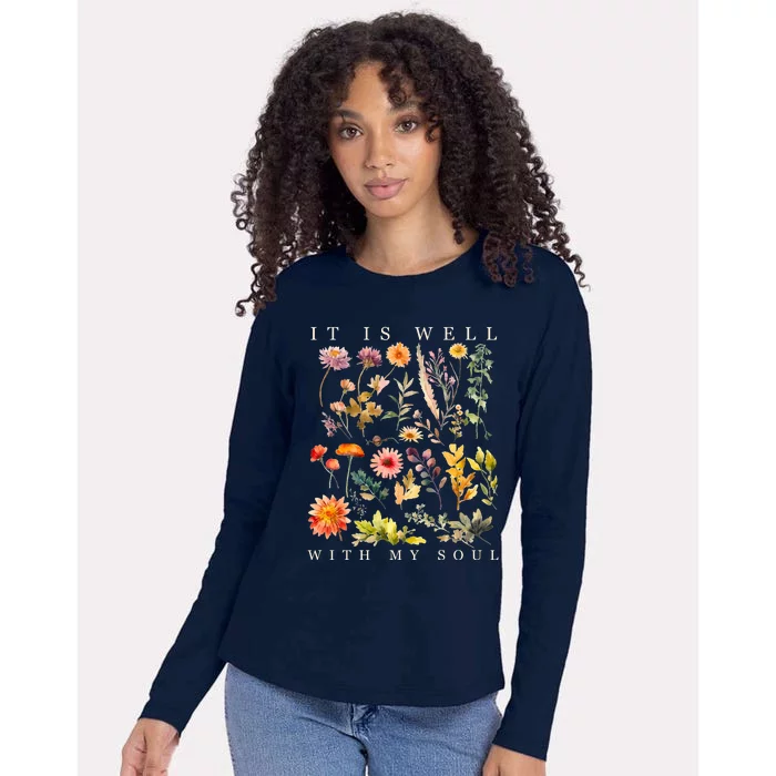 Vintage Boho It Is Well With My Soul Floral Wild Flowers Womens Cotton Relaxed Long Sleeve T-Shirt