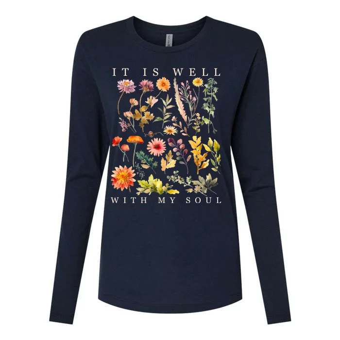 Vintage Boho It Is Well With My Soul Floral Wild Flowers Womens Cotton Relaxed Long Sleeve T-Shirt