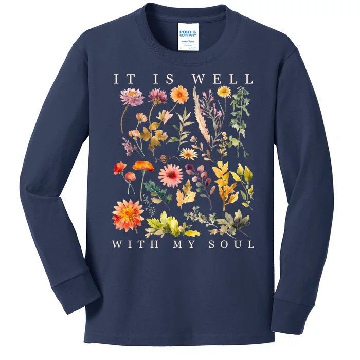 Vintage Boho It Is Well With My Soul Floral Wild Flowers Kids Long Sleeve Shirt