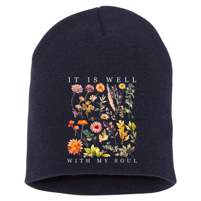 Vintage Boho It Is Well With My Soul Floral Wild Flowers Short Acrylic Beanie