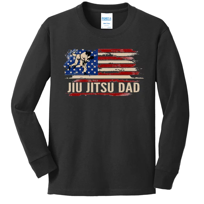 Vintage BJJ JiuJitsu Dad American USA Flag Sports Gift Kids Long Sleeve Shirt