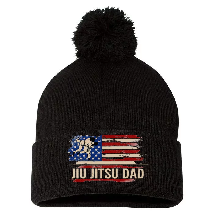 Vintage BJJ JiuJitsu Dad American USA Flag Sports Gift Pom Pom 12in Knit Beanie