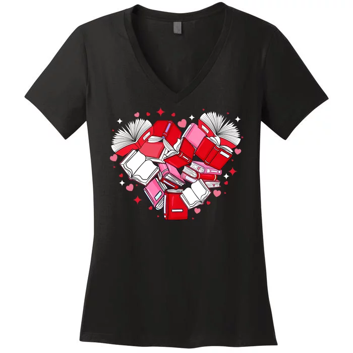 Valentine Book Lover Heart Shape Librarian Bookworm Costume Women's V-Neck T-Shirt