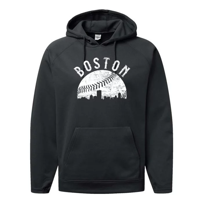 Vintage Boston Massachusetts Skyline Performance Fleece Hoodie