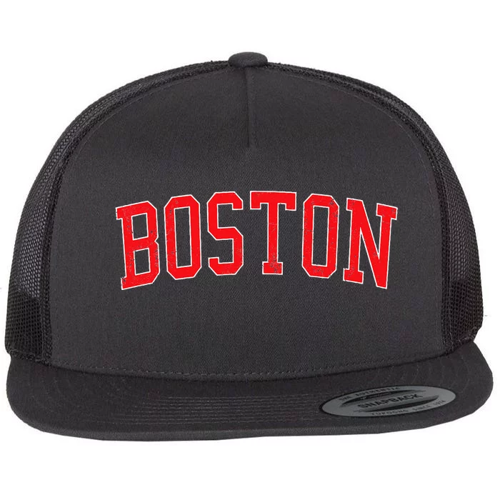 Vintage Boston MA Varsity Style Red Text Flat Bill Trucker Hat