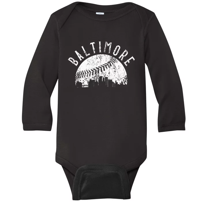 Vintage Baltimore Maryland Skyline Baby Long Sleeve Bodysuit