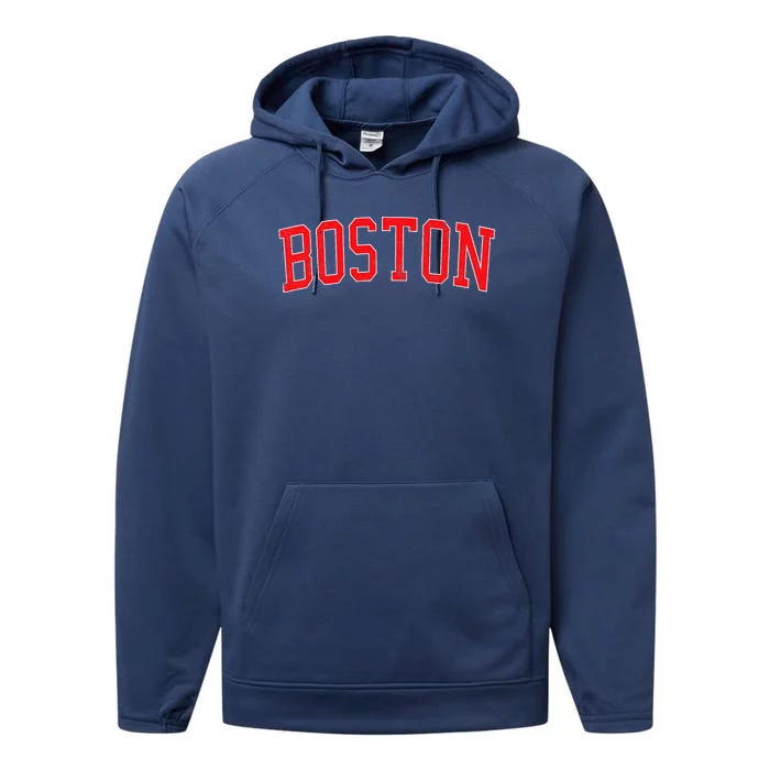 Vintage Boston MA Varsity Style Red Text Performance Fleece Hoodie