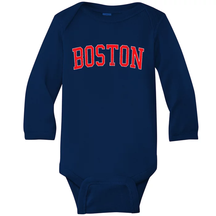 Vintage Boston MA Varsity Style Red Text Baby Long Sleeve Bodysuit