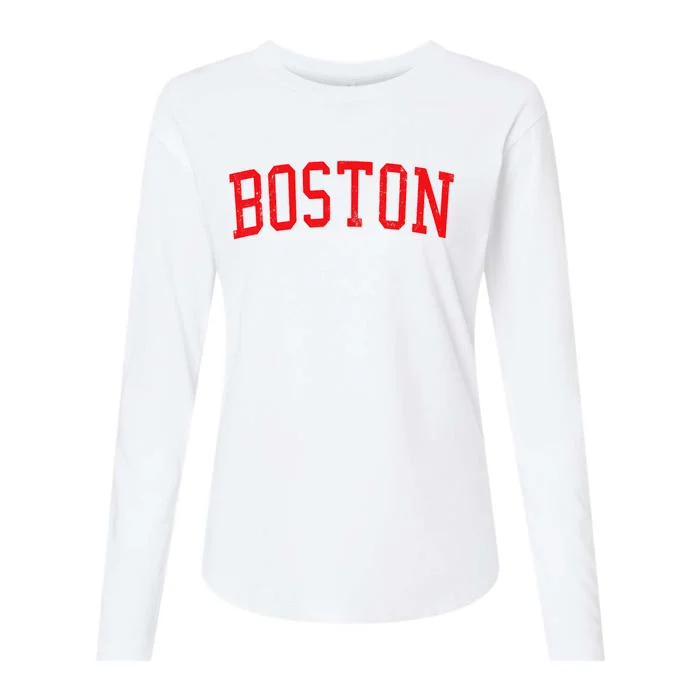 Vintage Boston MA Varsity Style Red Text Womens Cotton Relaxed Long Sleeve T-Shirt