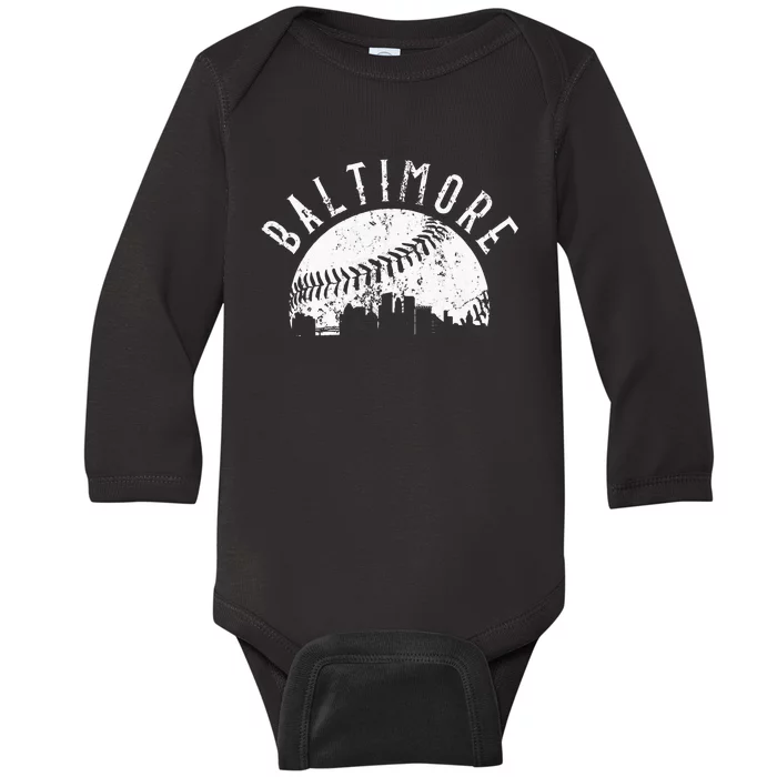 Vintage Baltimore Maryland Skyline Apparel Baby Long Sleeve Bodysuit