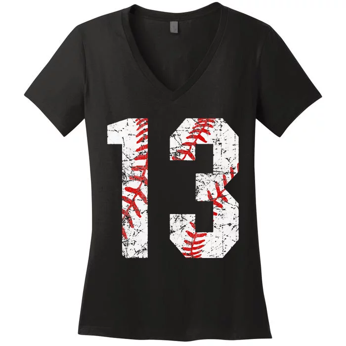 Vintage Baseball Mom 13 Jersey Baseball Favorite Player Women's V-Neck T-Shirt