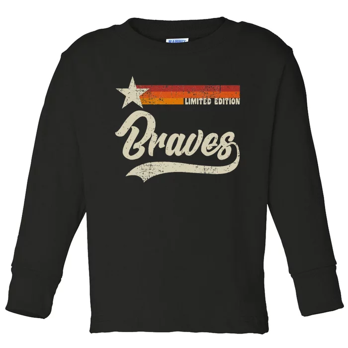 Vintage B.R.A.V.E.S Name Retro Three Stripe Weathered Throwback Toddler Long Sleeve Shirt