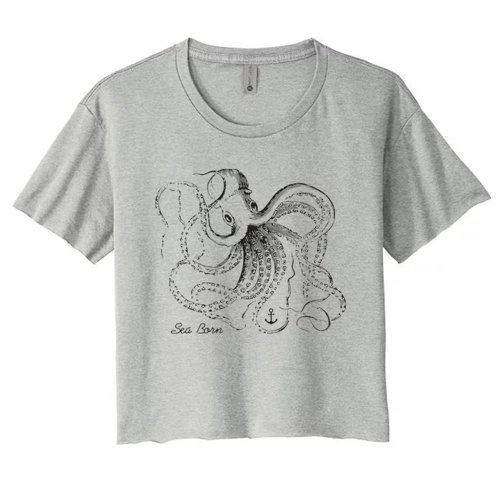 Vintage Black Octopus Marine Biologist Ocean Sea Life Women's Crop Top Tee