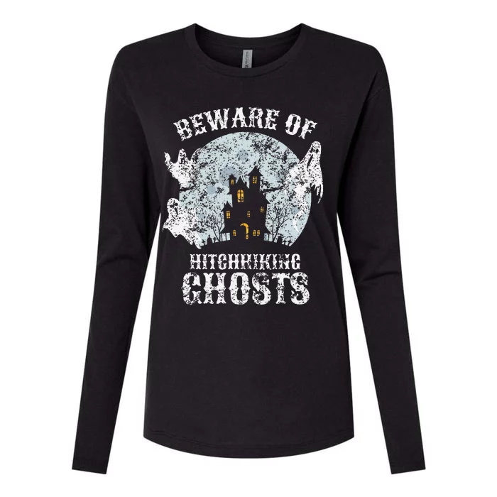 Vintage Beware Of Hitchhiking Ghosts Fun Halloween Party Womens Cotton Relaxed Long Sleeve T-Shirt