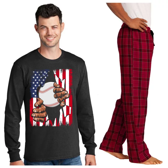 Vintage Baseball Player Usa American Flag Patriotic Funny Great Gift Long Sleeve Pajama Set