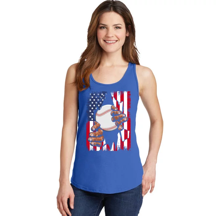 Vintage Baseball Player Usa American Flag Patriotic Funny Great Gift Ladies Essential Tank