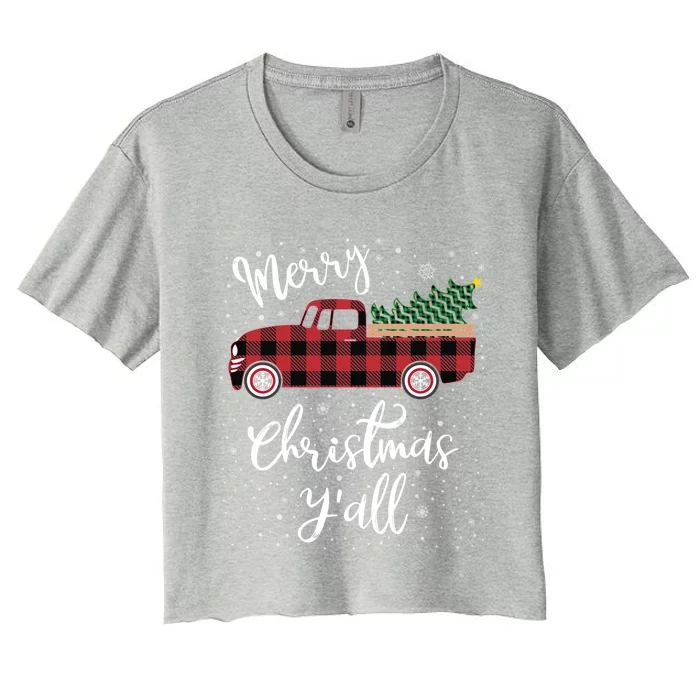 Vintage Buffalo Plaid Red Truck Merry Christmas YAll Cool Gift Women's Crop Top Tee