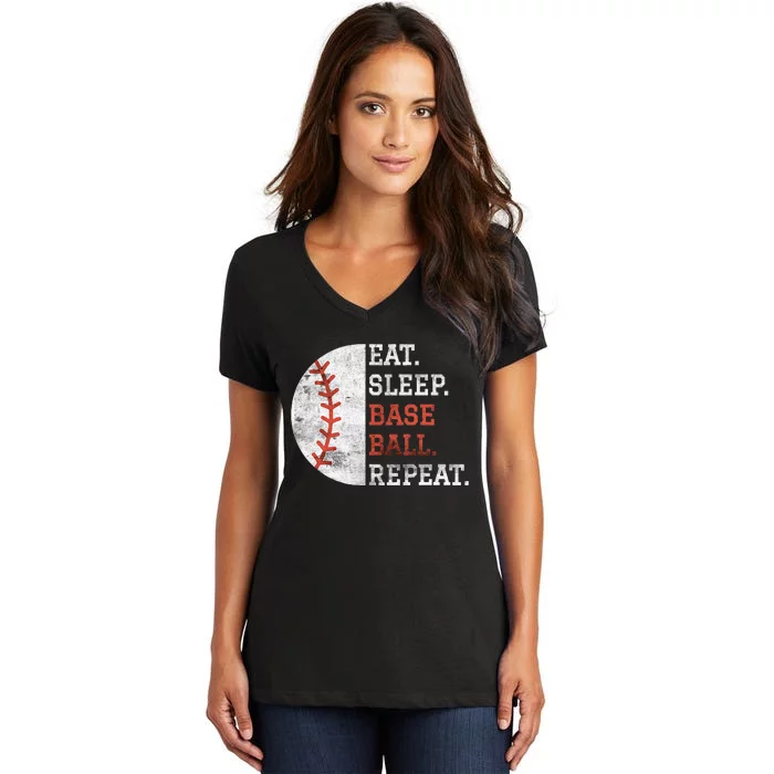 Vintage Baseball Player Eat Sleep Baseball Repeat Women's V-Neck T-Shirt