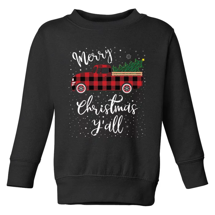 Vintage Buffalo Plaid Red Truck Merry Christmas Y'all Toddler Sweatshirt