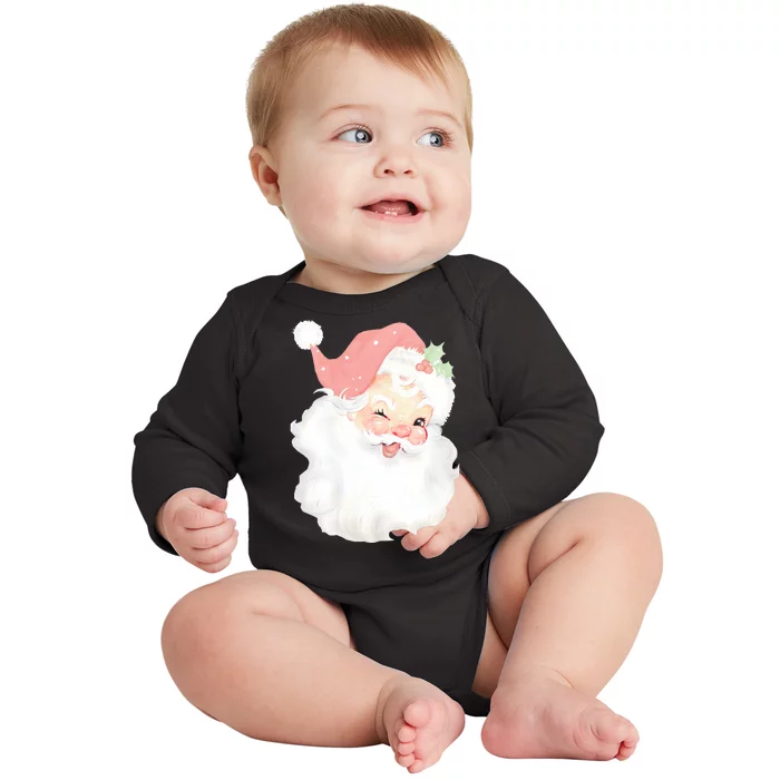 Vintage Blush Pink Santa Claus Christmas Winking Baby Long Sleeve Bodysuit