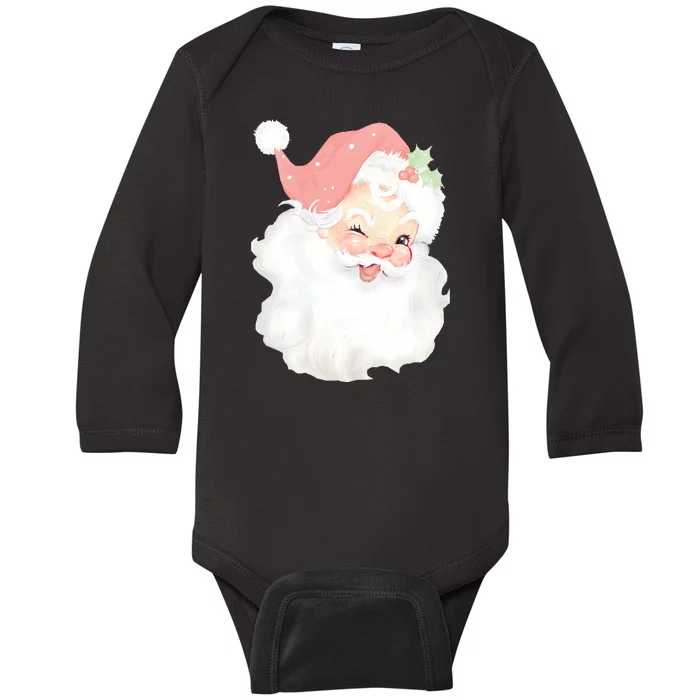 Vintage Blush Pink Santa Claus Christmas Winking Baby Long Sleeve Bodysuit