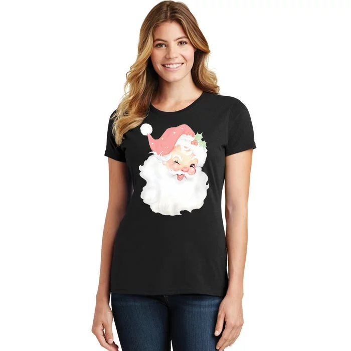 Vintage Blush Pink Santa Claus Christmas Winking Women's T-Shirt