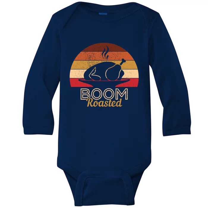 Vintage Boom Roasted Funny Thanksgiving Turkey Cute Gift Baby Long Sleeve Bodysuit