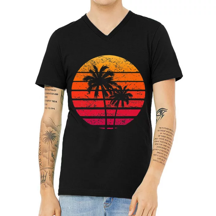 Vintage Beach Retro Sunset Palm Trees Tropical Vacation V-Neck T-Shirt