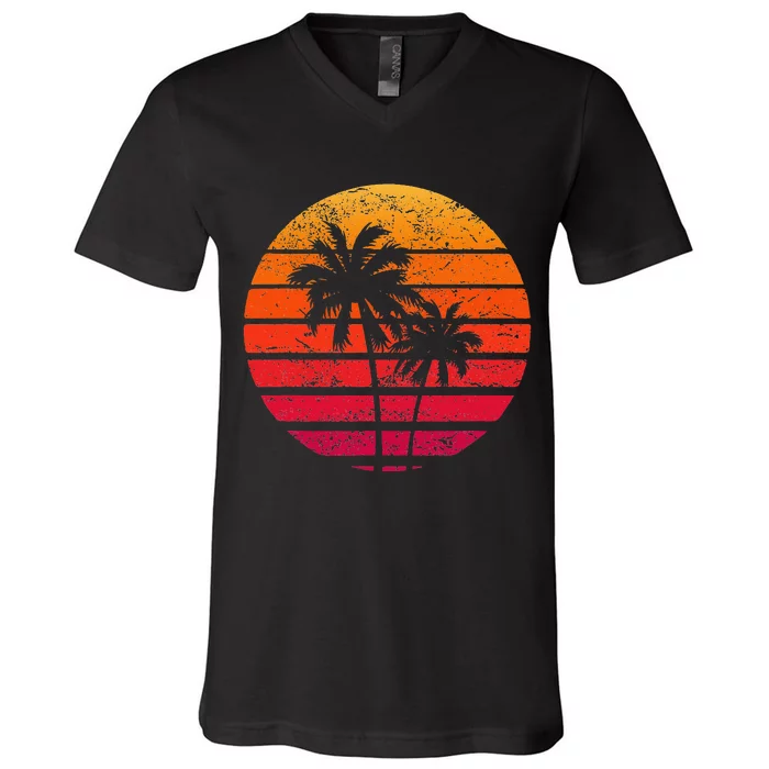 Vintage Beach Retro Sunset Palm Trees Tropical Vacation V-Neck T-Shirt