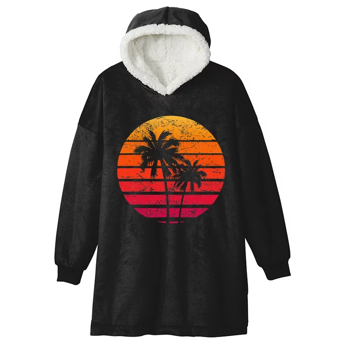 Vintage Beach Retro Sunset Palm Trees Tropical Vacation Hooded Wearable Blanket