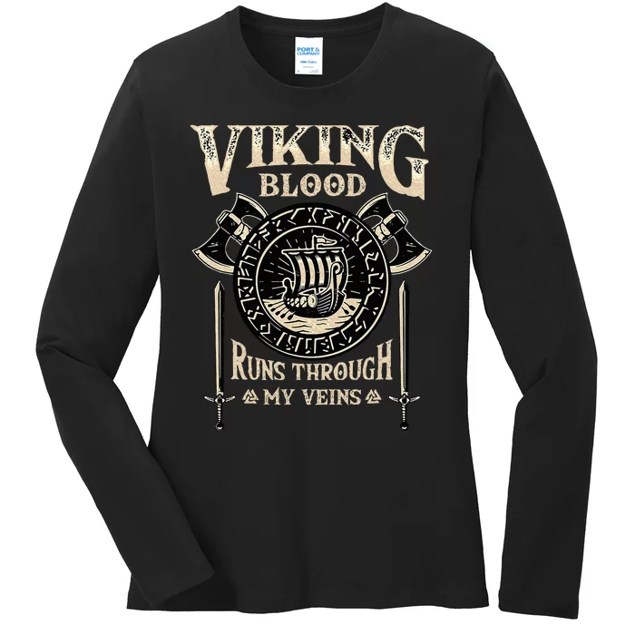 Viking Blood Runs Through My Veins Norse Mythology Ladies Long Sleeve Shirt