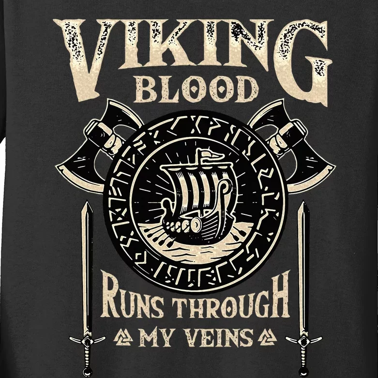 Viking Blood Runs Through My Veins Norse Mythology Kids Long Sleeve Shirt