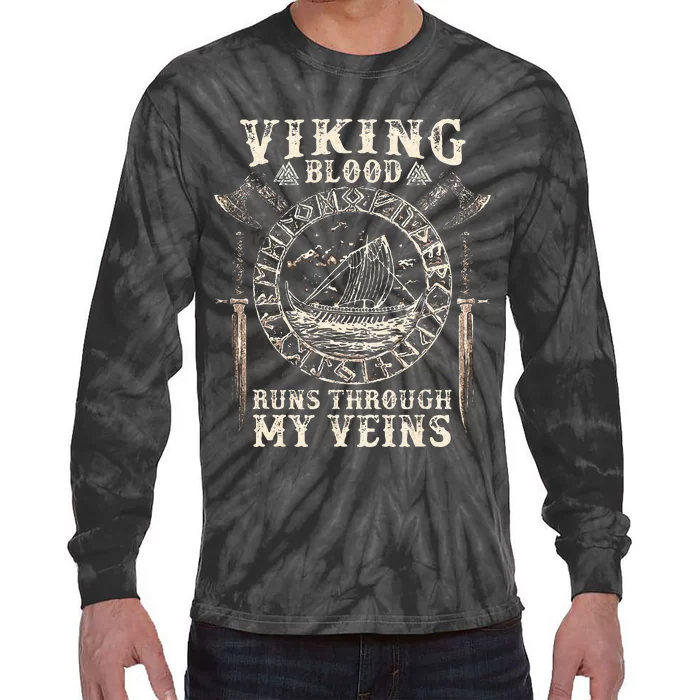 Viking Blood Runs Through My Veins Viking Ship Tie-Dye Long Sleeve Shirt