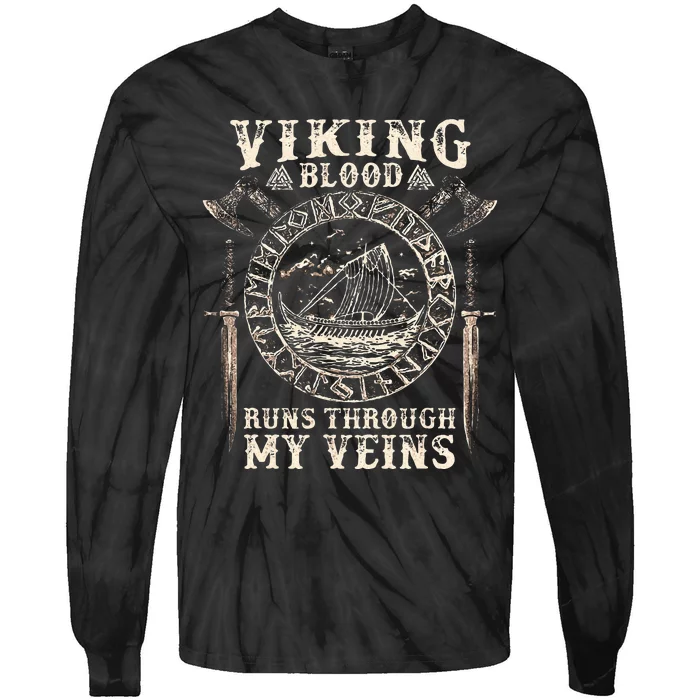 Viking Blood Runs Through My Veins Viking Ship Tie-Dye Long Sleeve Shirt