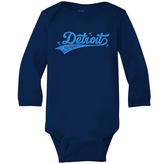 Vintage Blue Sporty Detroit Michigan Logo Baby Long Sleeve Bodysuit