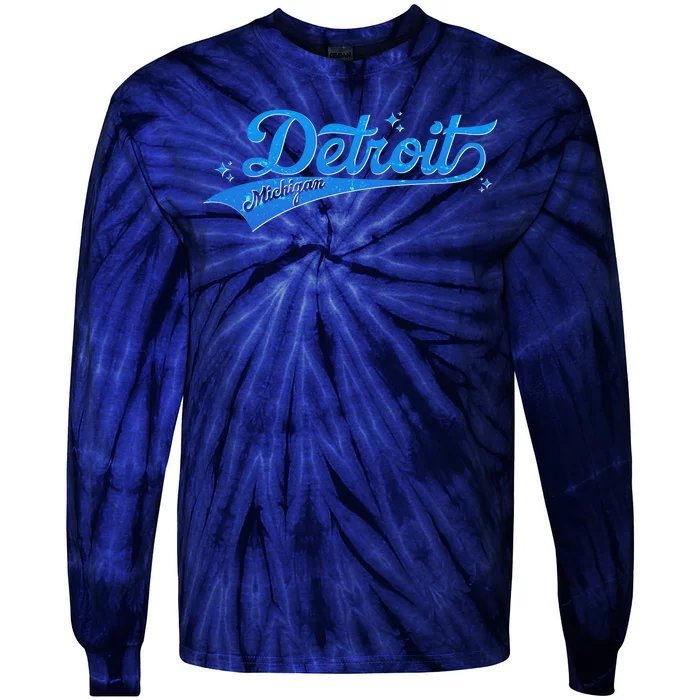 Vintage Blue Sporty Detroit Michigan Logo Tie-Dye Long Sleeve Shirt