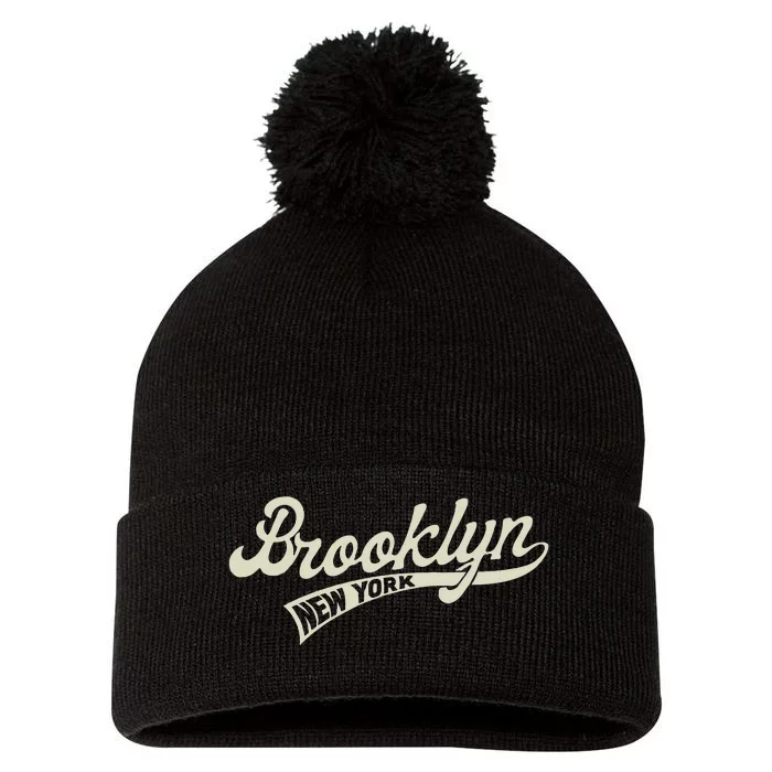 Vintage Baseball Style Brooklyn Pom Pom 12in Knit Beanie