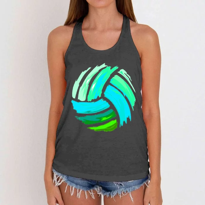 Volleyball Brush Stroke Blue Green Ball For Teens Women's Knotted Racerback Tank