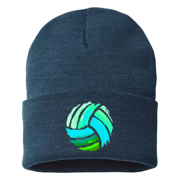 Volleyball Brush Stroke Blue Green Ball For Teens Sustainable Knit Beanie