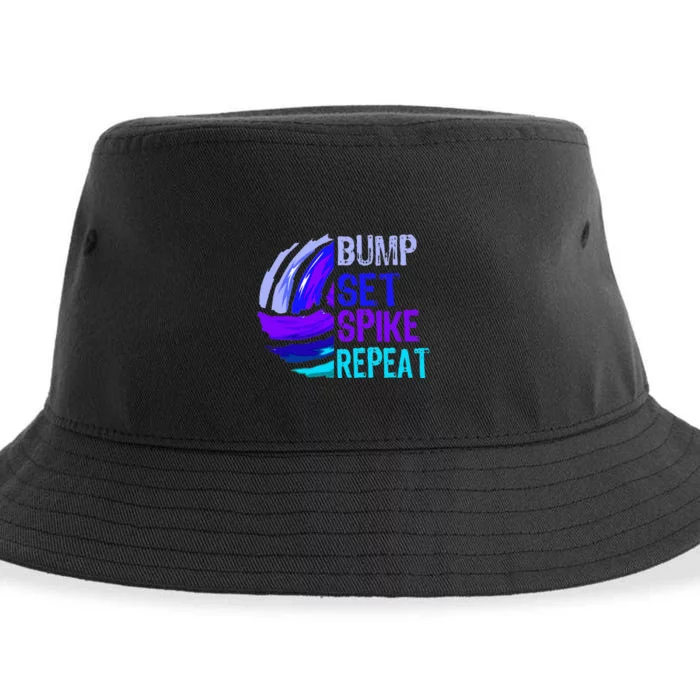 Volleyball Bump Set Spike Repeat Blue Purple Teen Sustainable Bucket Hat