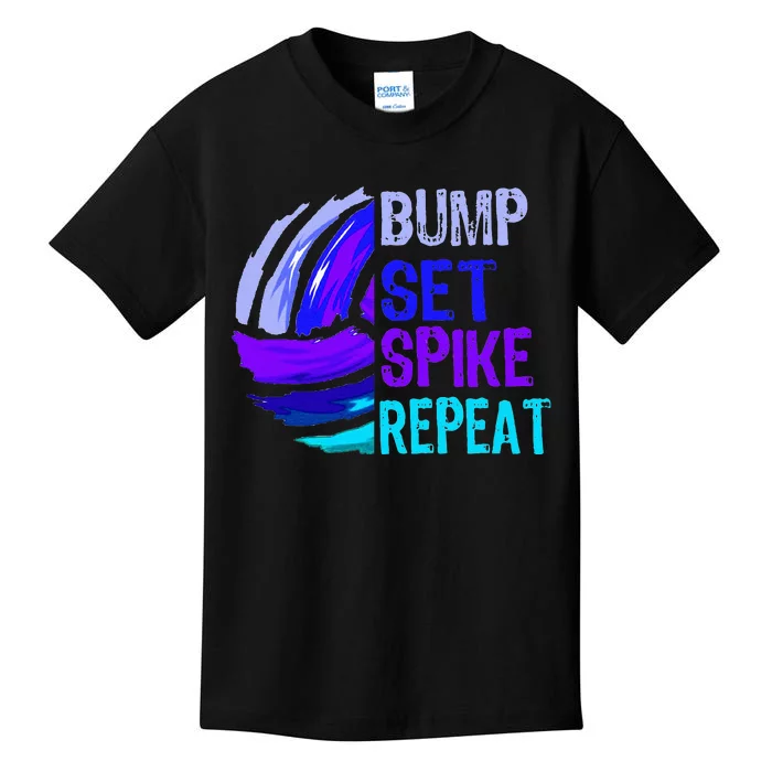 Volleyball Bump Set Spike Repeat Blue Purple Teen Kids T-Shirt