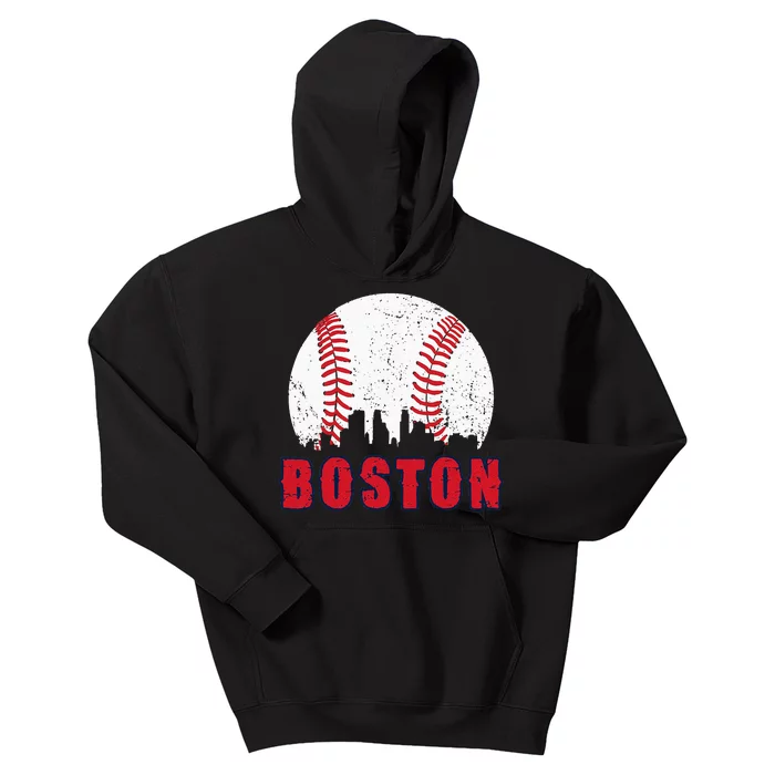 Vintage Boston Skyline Baseball Throwback For Red Game Day Kids Hoodie