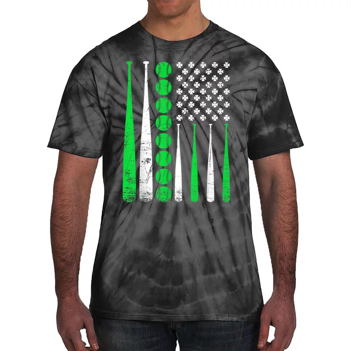 Vintage Baseball St Patricks Day American Flag Shamrock Tie-Dye T-Shirt