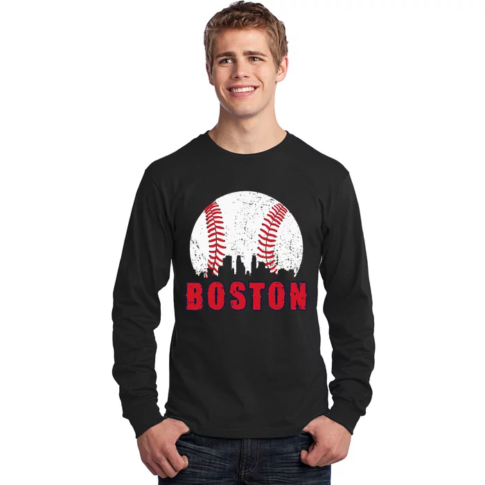 Vintage Boston Skyline Baseball Throwback For Red Game Day Long Sleeve Shirt