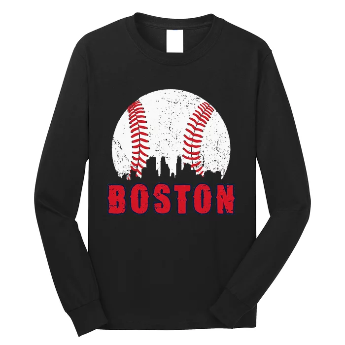 Vintage Boston Skyline Baseball Throwback For Red Game Day Long Sleeve Shirt