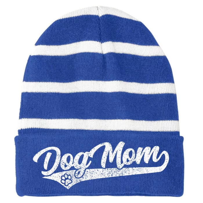 Vintage Baseball Style Retro Distressed Dog Mom Striped Beanie with Solid Band