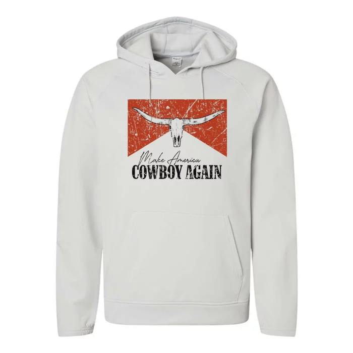 Vintage Bull Skull Makes America A Cowboy Again Country Performance Fleece Hoodie