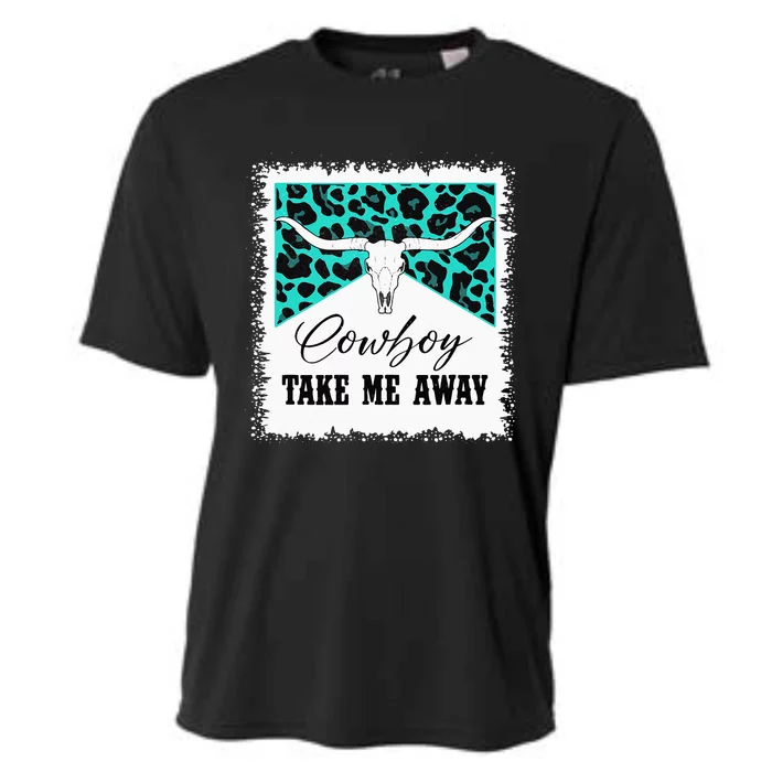 Vintage Bull Skull Leopard Bleached Cowboy Take Me Away Cooling Performance Crew T-Shirt