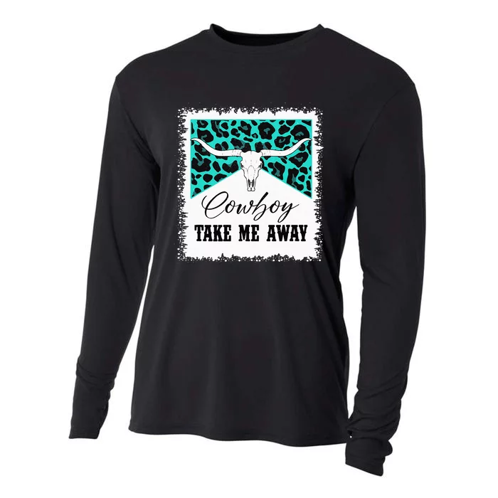 Vintage Bull Skull Leopard Bleached Cowboy Take Me Away Cooling Performance Long Sleeve Crew